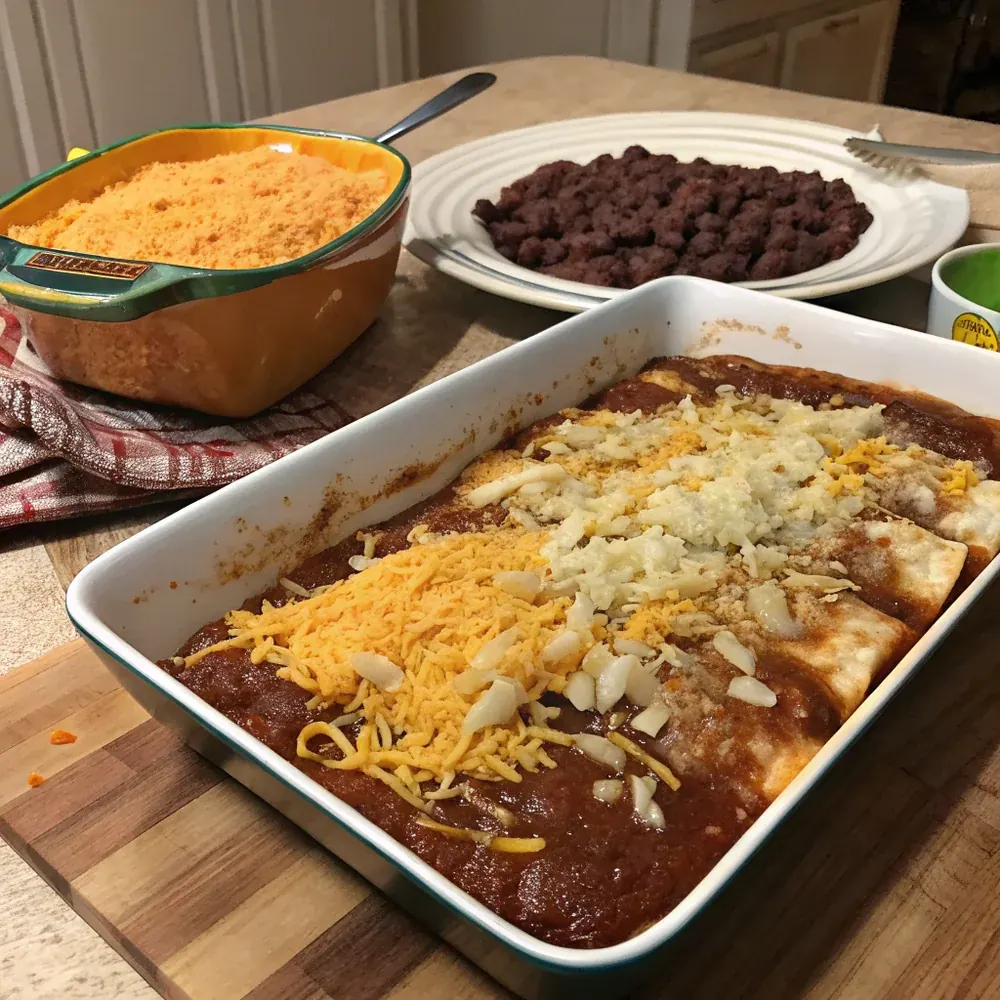 Three rolled enchiladas plated overhead with refried beans and Spanish rice, the classic Tex-Mex Number 1 plate from San Antonio