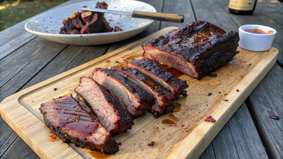 Slow cooker beef back ribs sliced on a wooden board with caramelized BBQ glaze, fall-off-the-bone meat, dark mahogany bark from the broiler finish