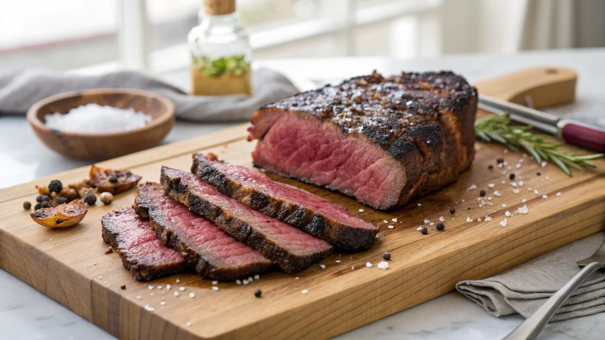 Sliced medium-rare cross rib steak fanned across a wooden cutting board, deep rosy centers with a dark peppery crust, flaky salt on top