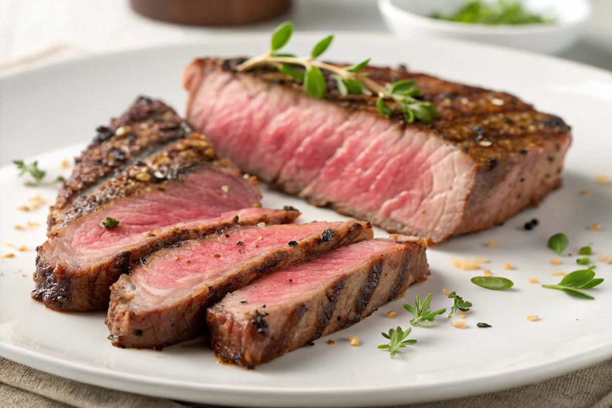 Close-up of thin bias-cut slices of grilled cross rib steak showing rosy pink interior and a browned seasoned edge