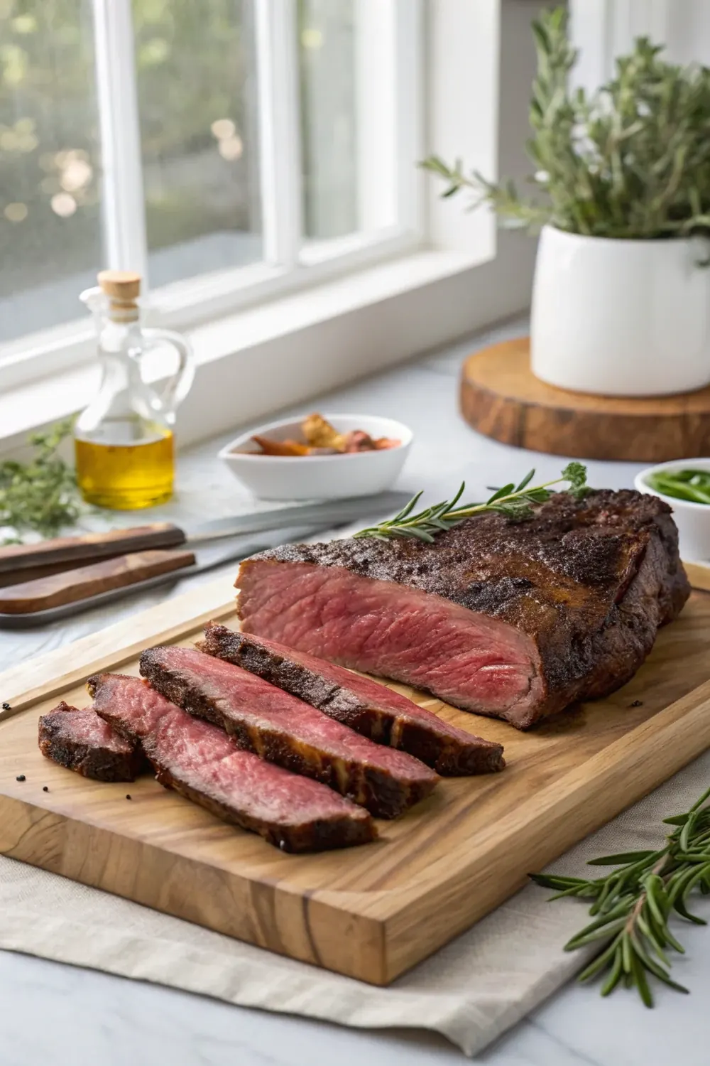 Vertical shot of a rested whole cross rib steak with a deep brown crust on a cutting board, thin rosy slices fanned in front of it