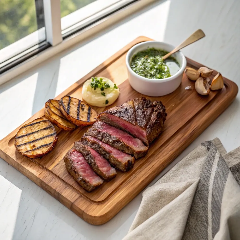 Overhead view of a sliced cross rib steak on a wooden board with a small dish of herb butter melting over the warm slices and grilled onions alongside