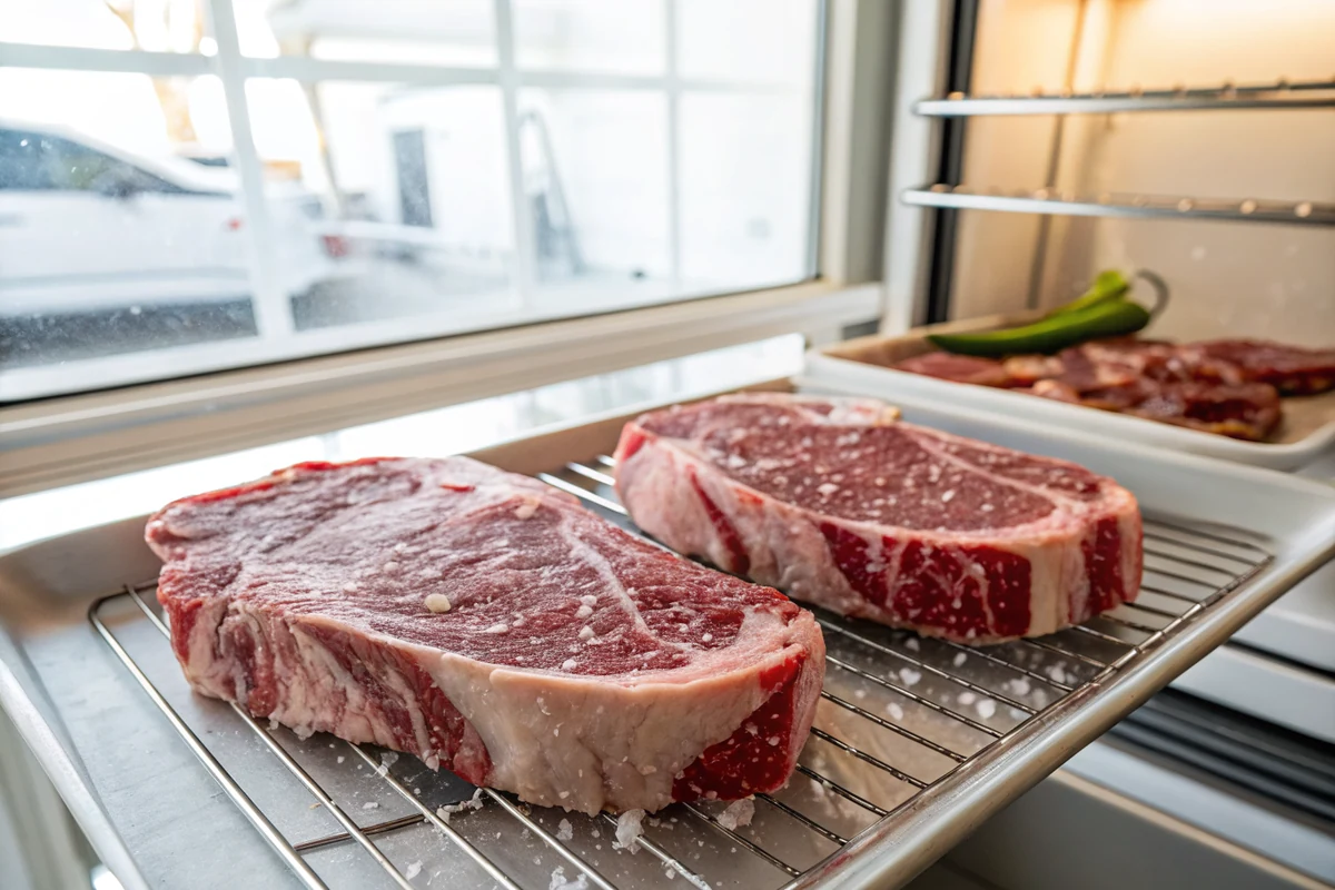 Two thick cross rib steaks on a wire rack over a tray, surfaces evenly salted and glistening, refrigerator shelf visible behind
