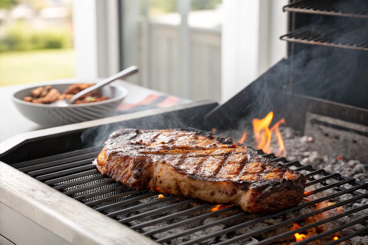Cross rib steak searing over glowing coals on one side of a grill while the other side of the grate sits empty and cooler