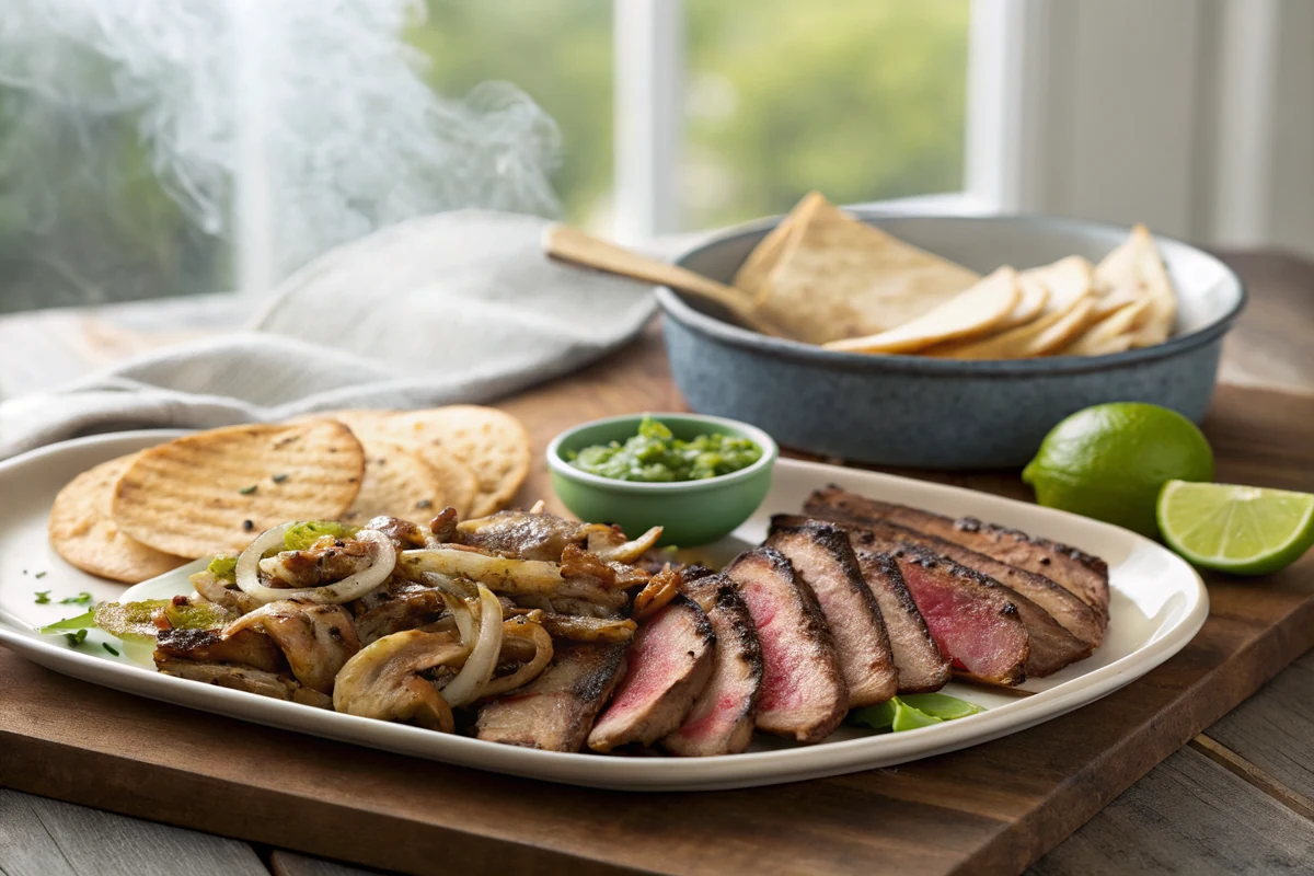 Platter of thin sliced grilled cross rib steak with grilled onions, warm tortillas, lime wedges, and a small bowl of green salsa on a wooden table