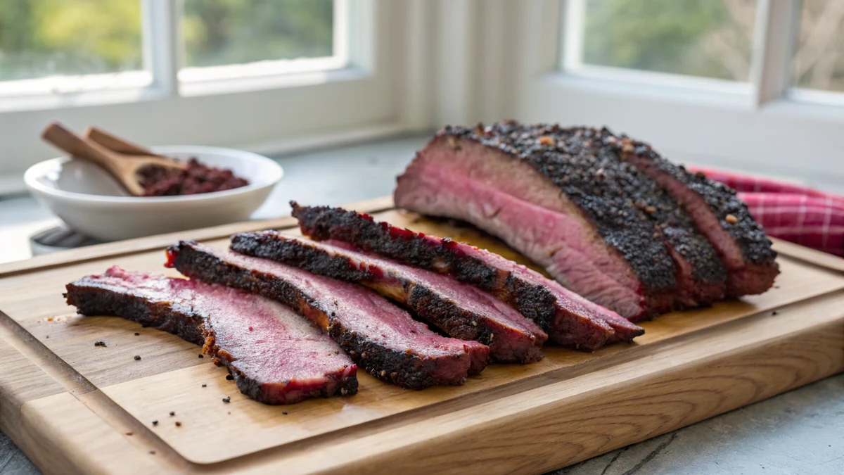 Smoked beef finger ribs with dark peppery bark and a deep pink smoke ring, sliced strips fanned on a wooden cutting board