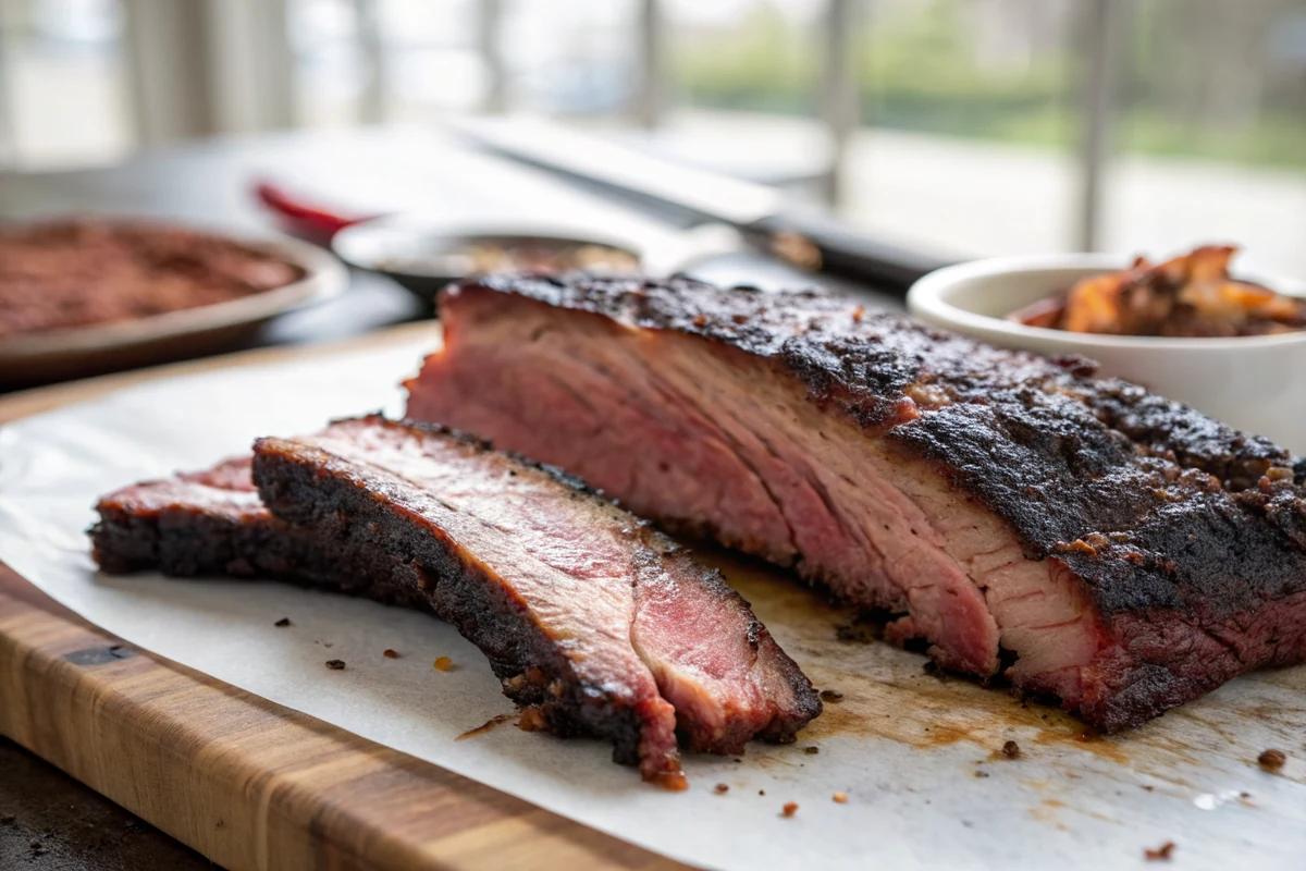 Close-up of a smoked beef finger rib strip pulled open to show tender marbled interior beneath dark bark