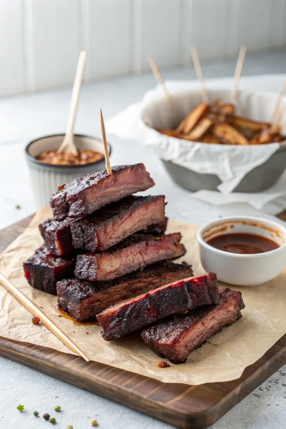 Vertical shot of smoked beef finger rib strips with dark bark stacked on butcher paper, glazed cubes and toothpicks alongside