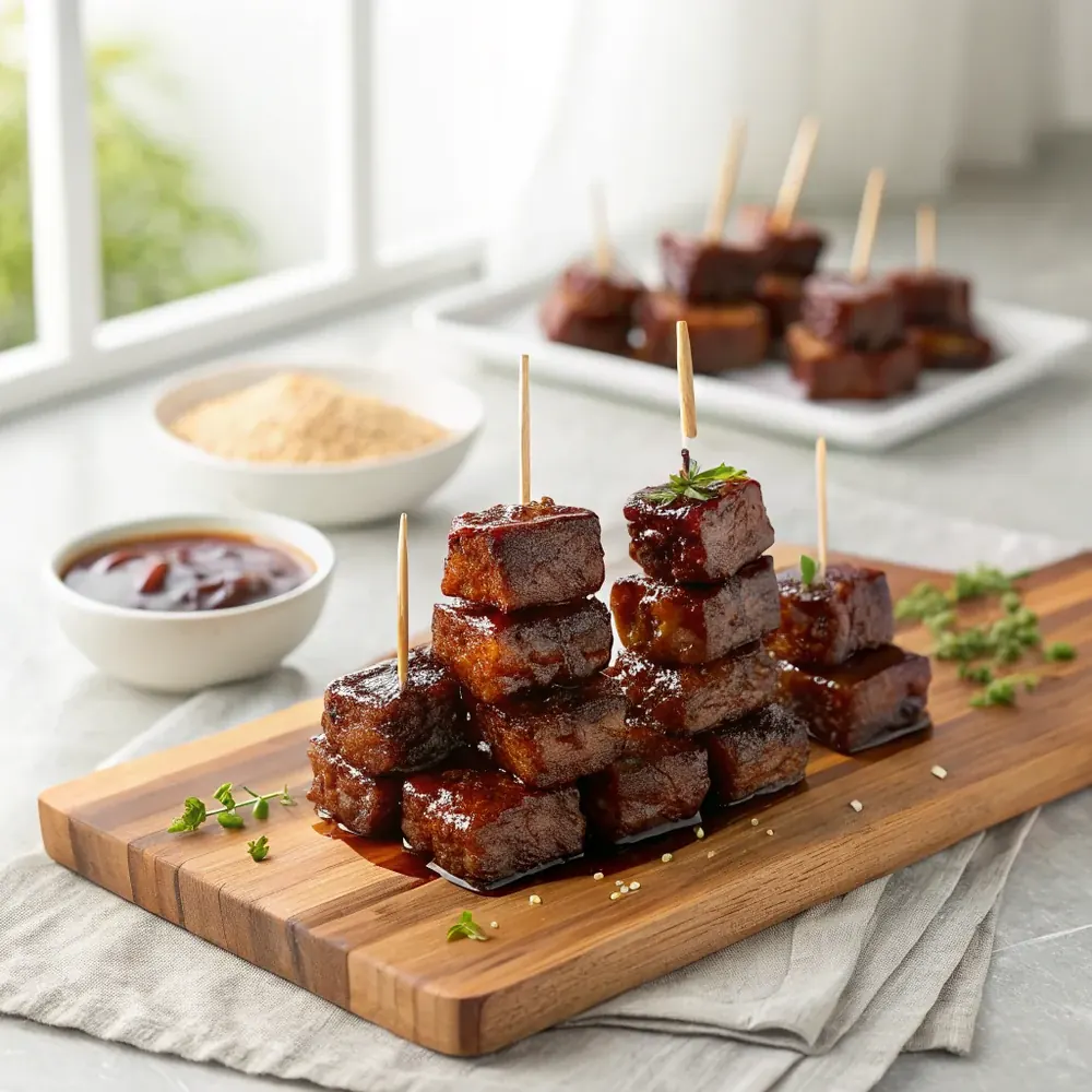 Overhead view of glazed beef finger rib cubes piled on a wooden board with toothpicks, clean minimalist background