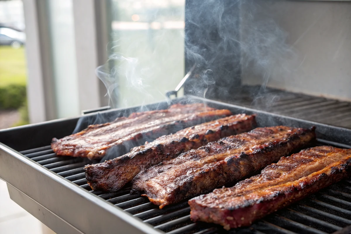Beef finger rib strips with dark mahogany bark spaced across smoker grates, thin wisps of smoke drifting past