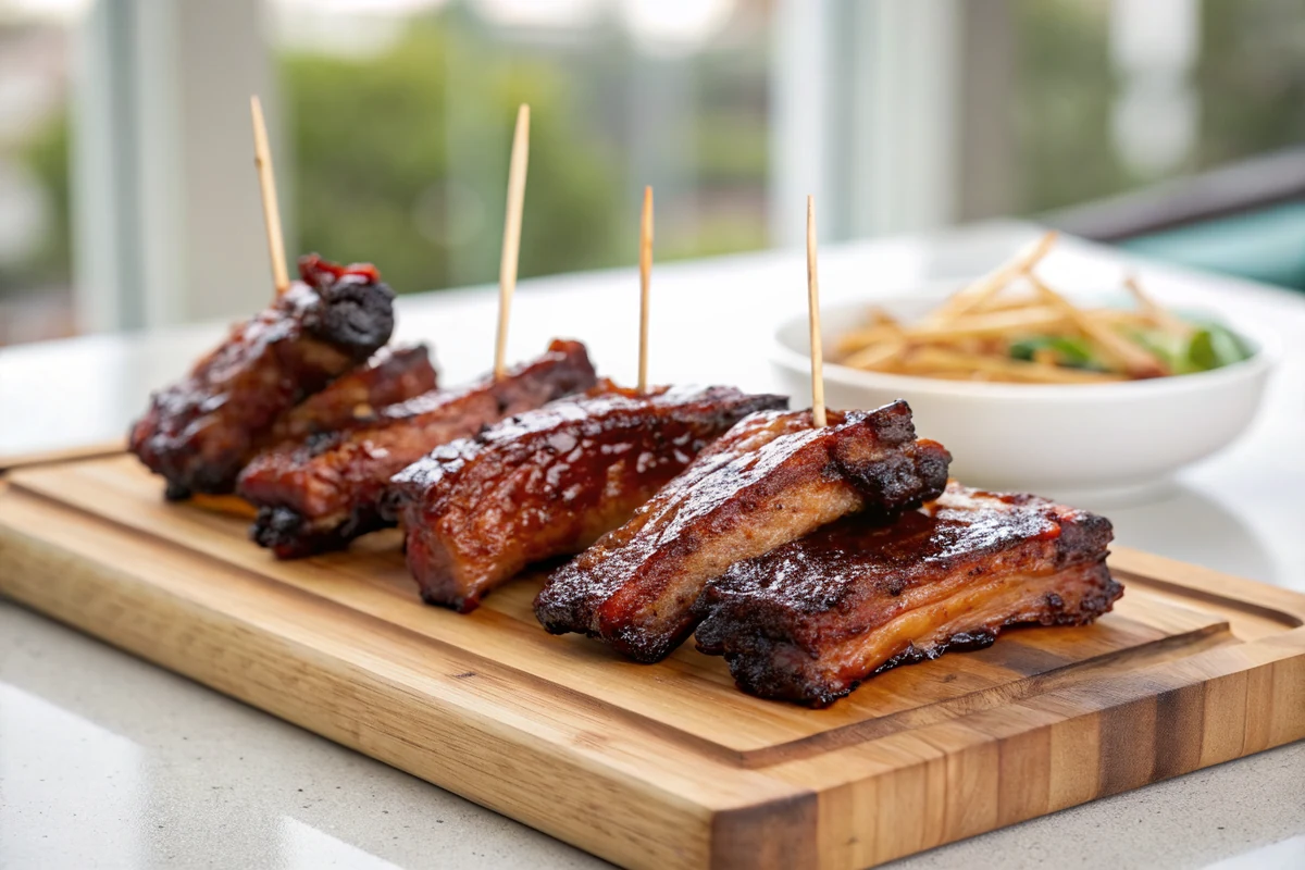 Glazed beef finger rib cubes piled on a wooden board with toothpicks, dark caramelized edges catching the light