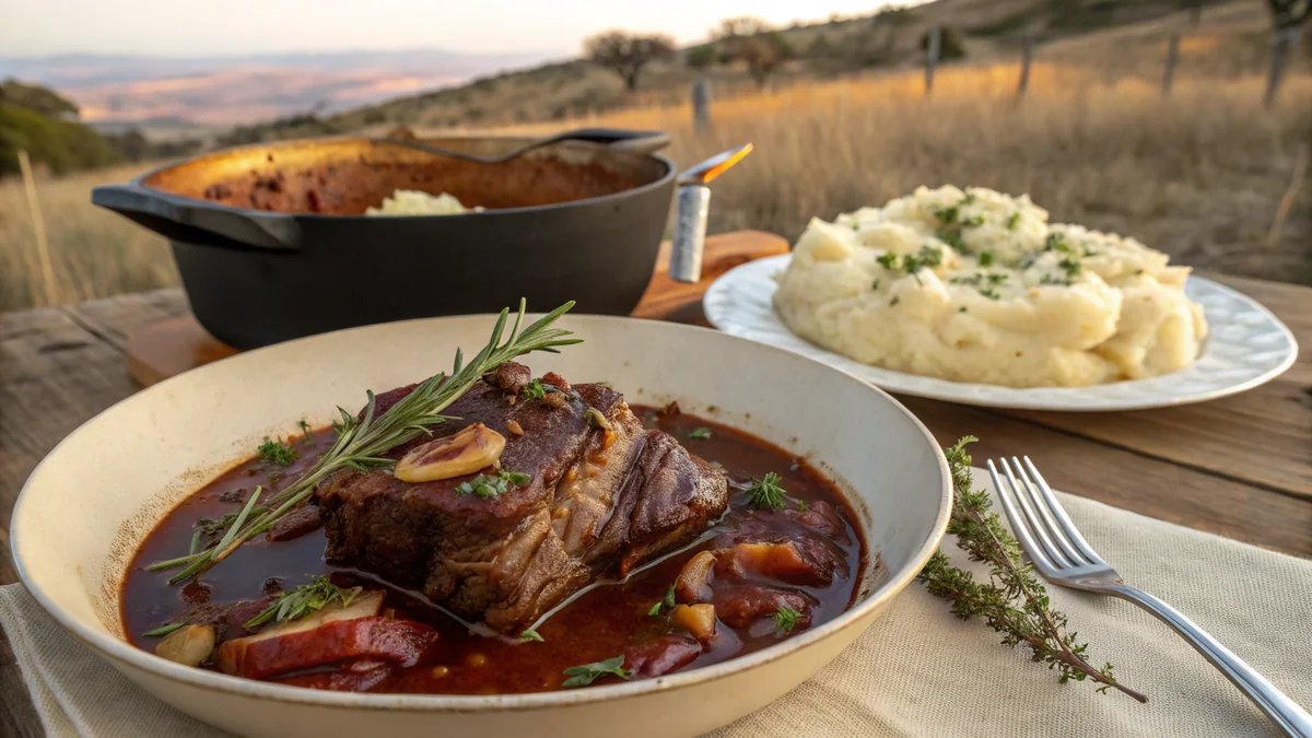 Slow-cooked beef rib steak in a cast iron pot with red wine reduction, fork tender shredding apart, rosemary and thyme sprigs visible, garlic cloves, deep amber sauce, served on a white plate with mashed potatoes and a parsley garnish
