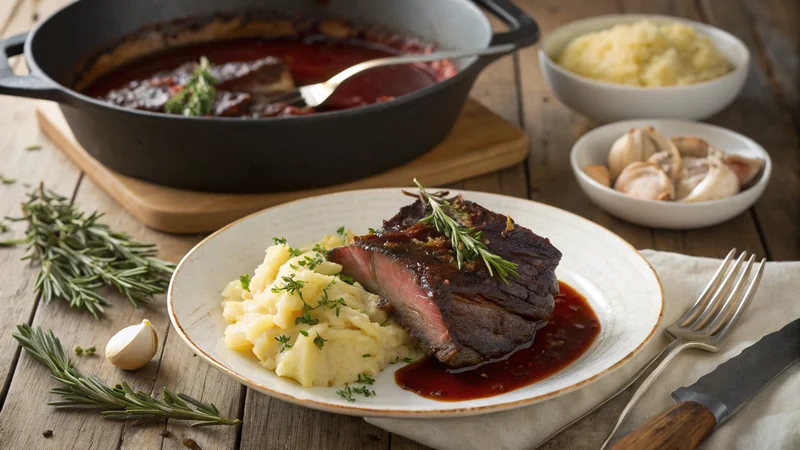 Close-up of a beef rib steak being lifted from the slow cooker with the bone visible, the meat falling off, deep mahogany sauce dripping, fresh thyme garnish