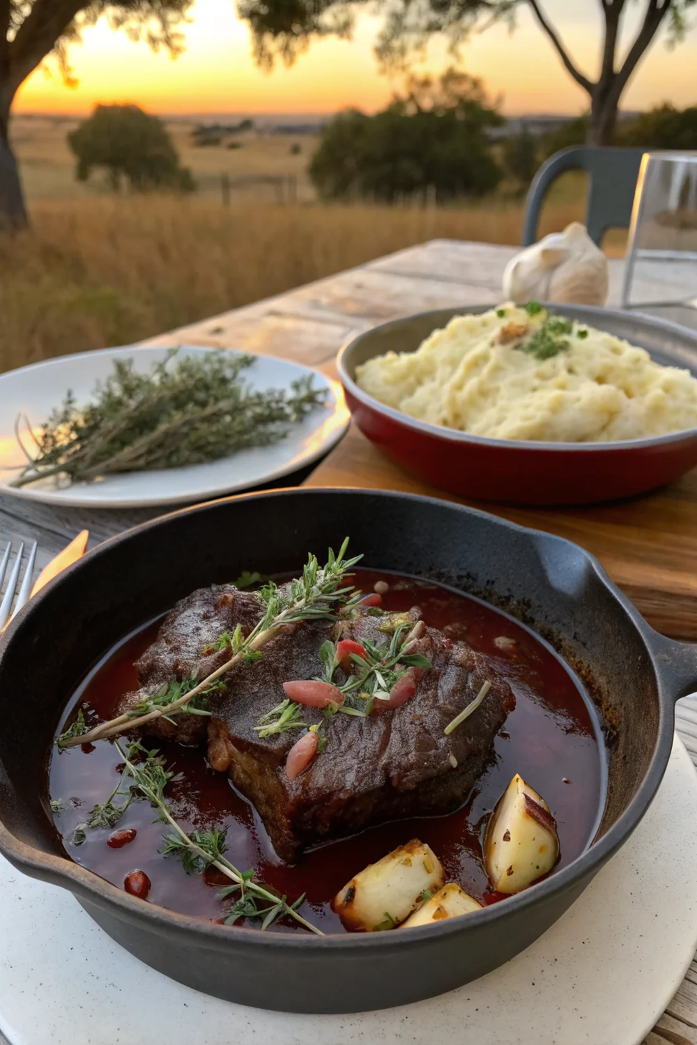 Vertical view of a fork shredding a beef rib steak in a slow cooker, deep red wine sauce, rosemary and thyme garnish, weeknight Hill Country dinner