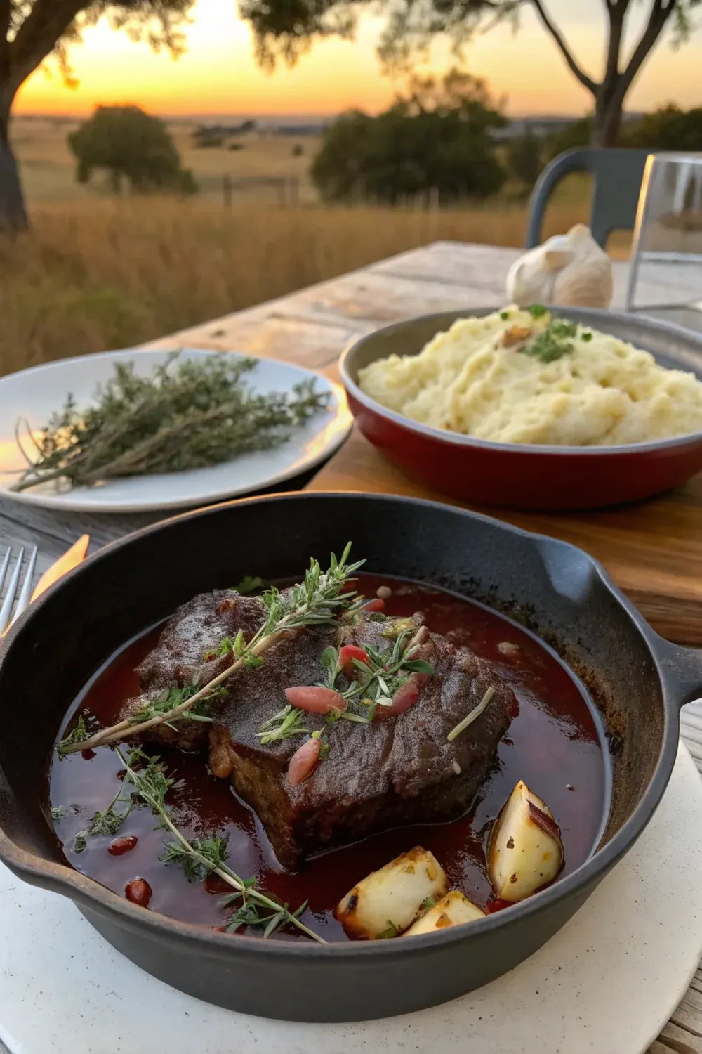 Vertical view of a fork shredding a beef rib steak in a slow cooker, deep red wine sauce, rosemary and thyme garnish, weeknight Hill Country dinner