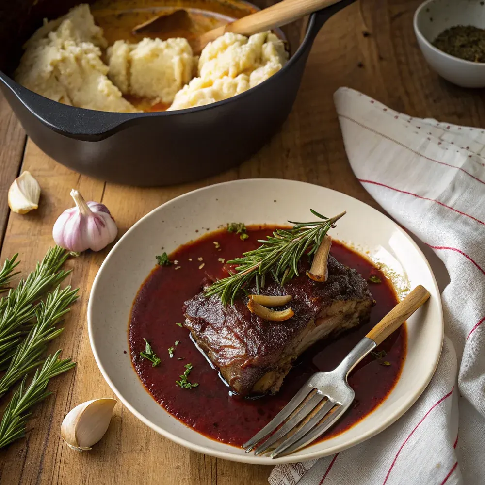 Overhead view of a slow cooker crock with a single bone-in beef rib steak in red wine braising liquid surrounded by rosemary sprigs, garlic, onion, and bay leaves, family-style Texas table