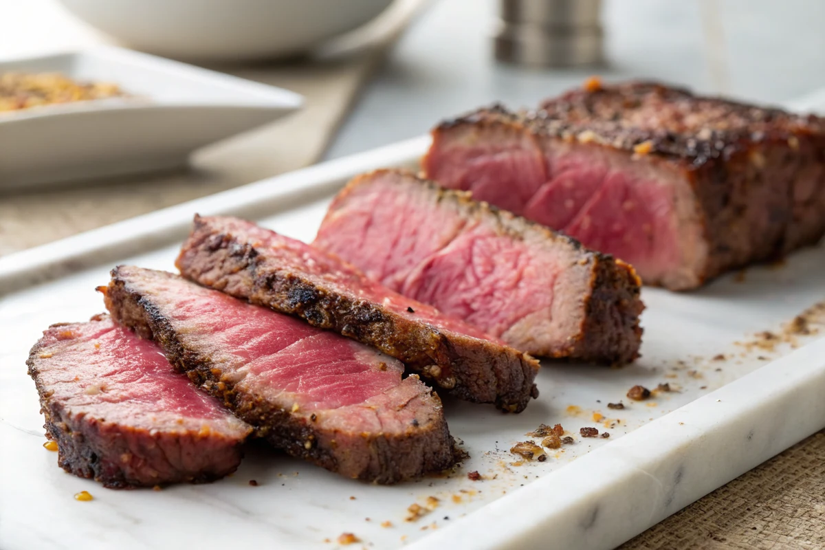 Close-up of thin slices of air fried boneless beef short rib showing a deep pink center and a peppery browned crust along each edge