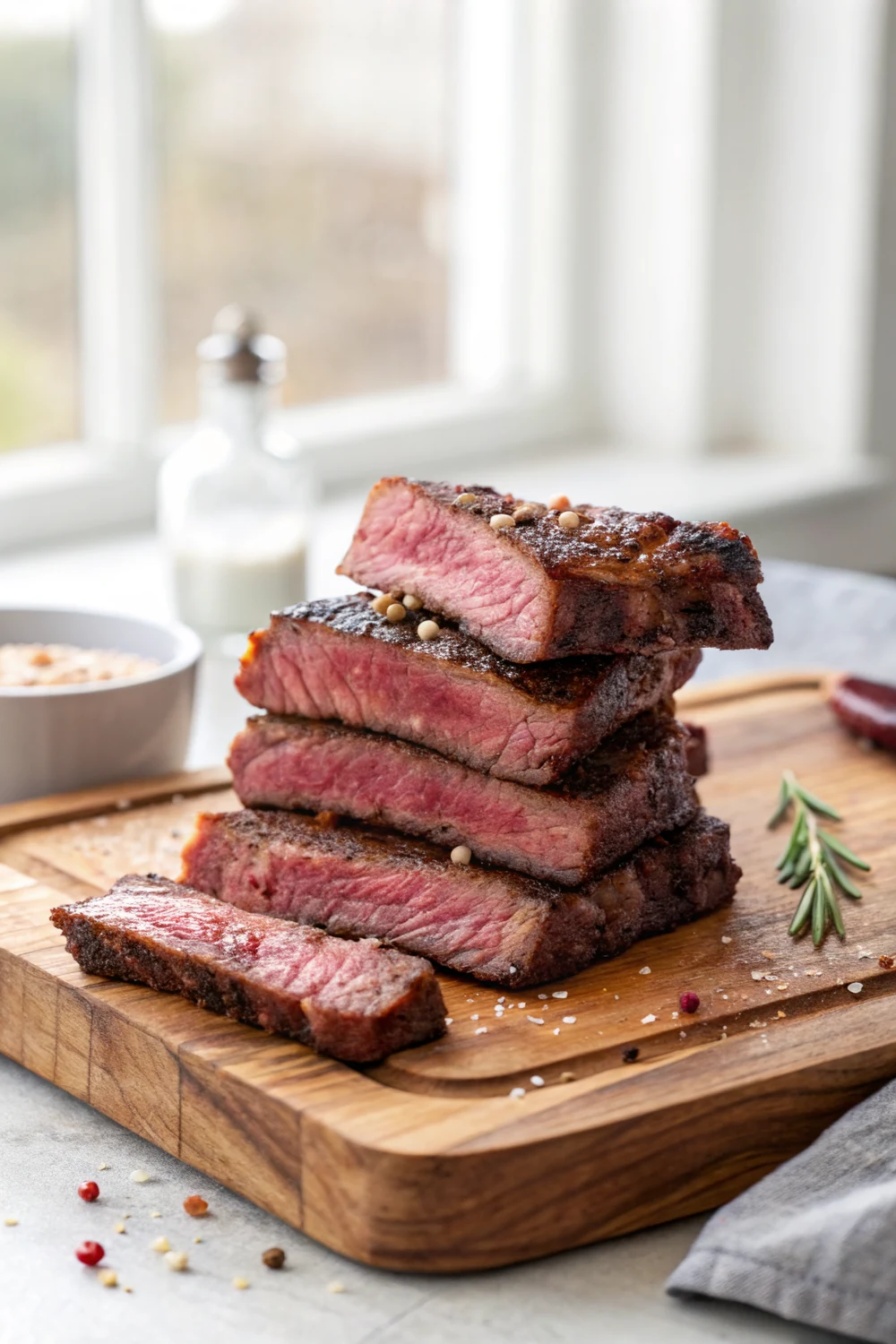 Vertical shot of rosy sliced boneless beef short ribs stacked on a rustic wooden board, crisp seasoned crust and juicy medium-rare centers