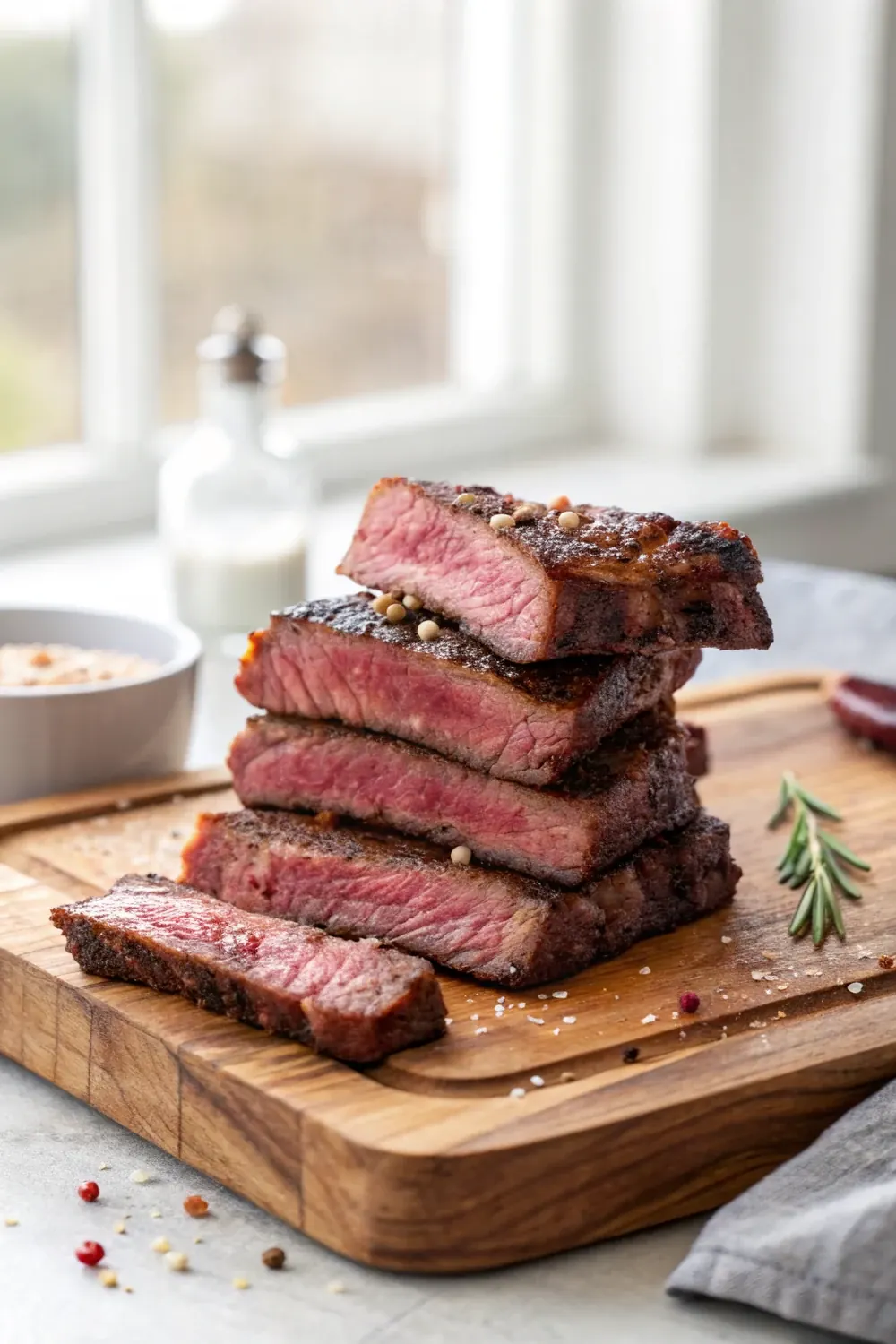 Vertical shot of rosy sliced boneless beef short ribs stacked on a rustic wooden board, crisp seasoned crust and juicy medium-rare centers