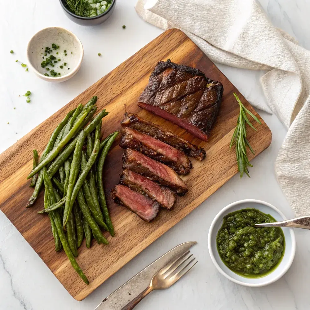 Overhead view of sliced air fryer beef short ribs on a wooden board with roasted green beans and a small dish of chimichurri alongside