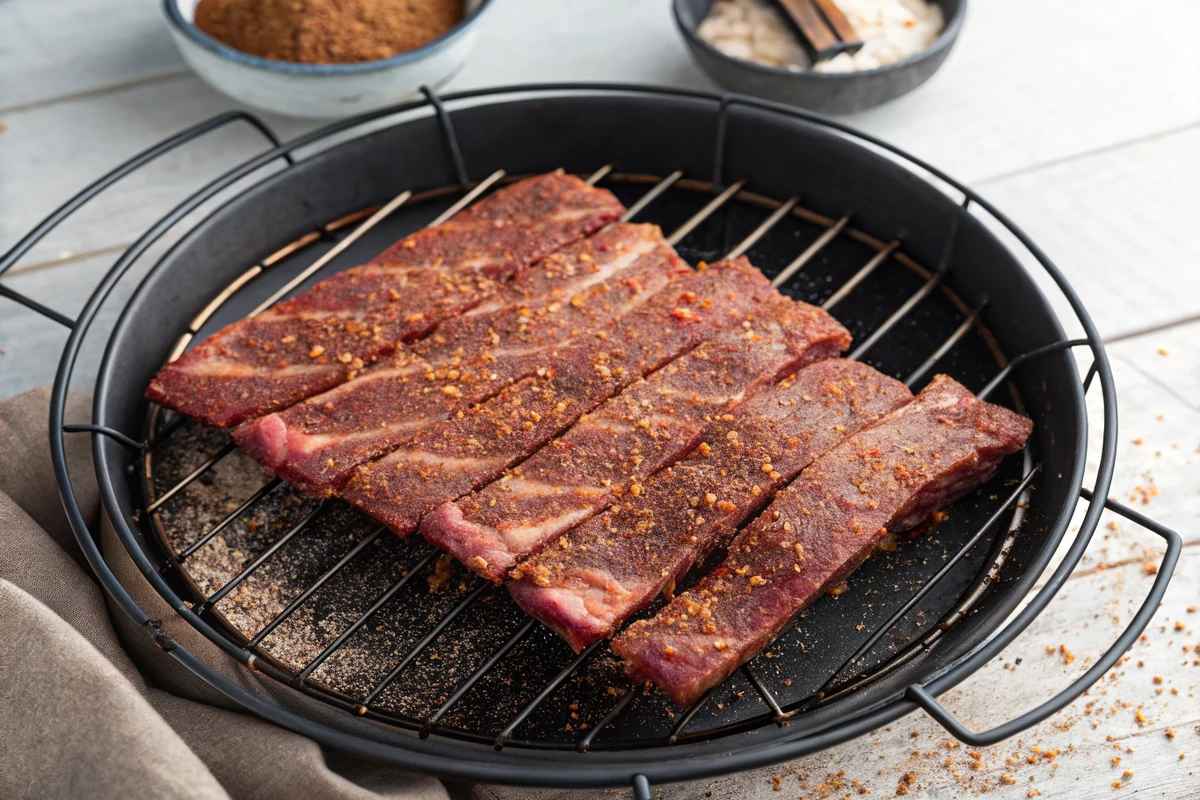 Overhead close-up of seasoned boneless beef short rib strips arranged in a single layer on the round wire grate of a dark cooking basket, coarse pepper and paprika coating the meat, strips evenly spaced