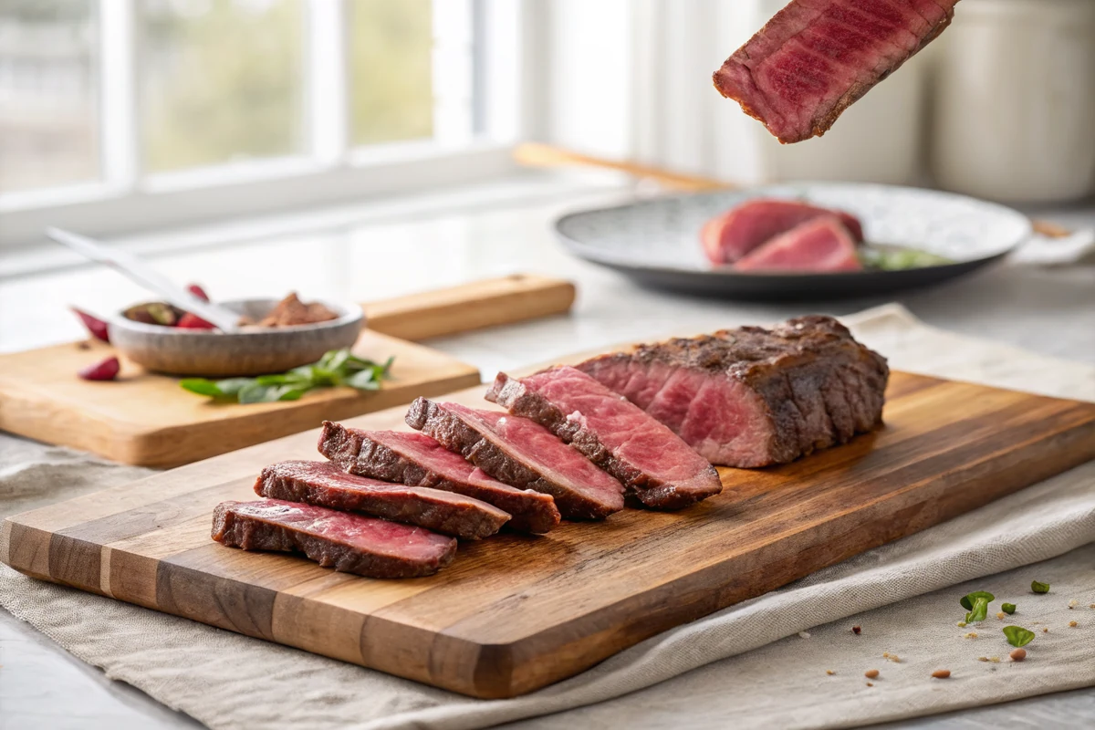 Thin rosy slices of medium-rare boneless beef short rib falling away from the rested piece on a wooden cutting board
