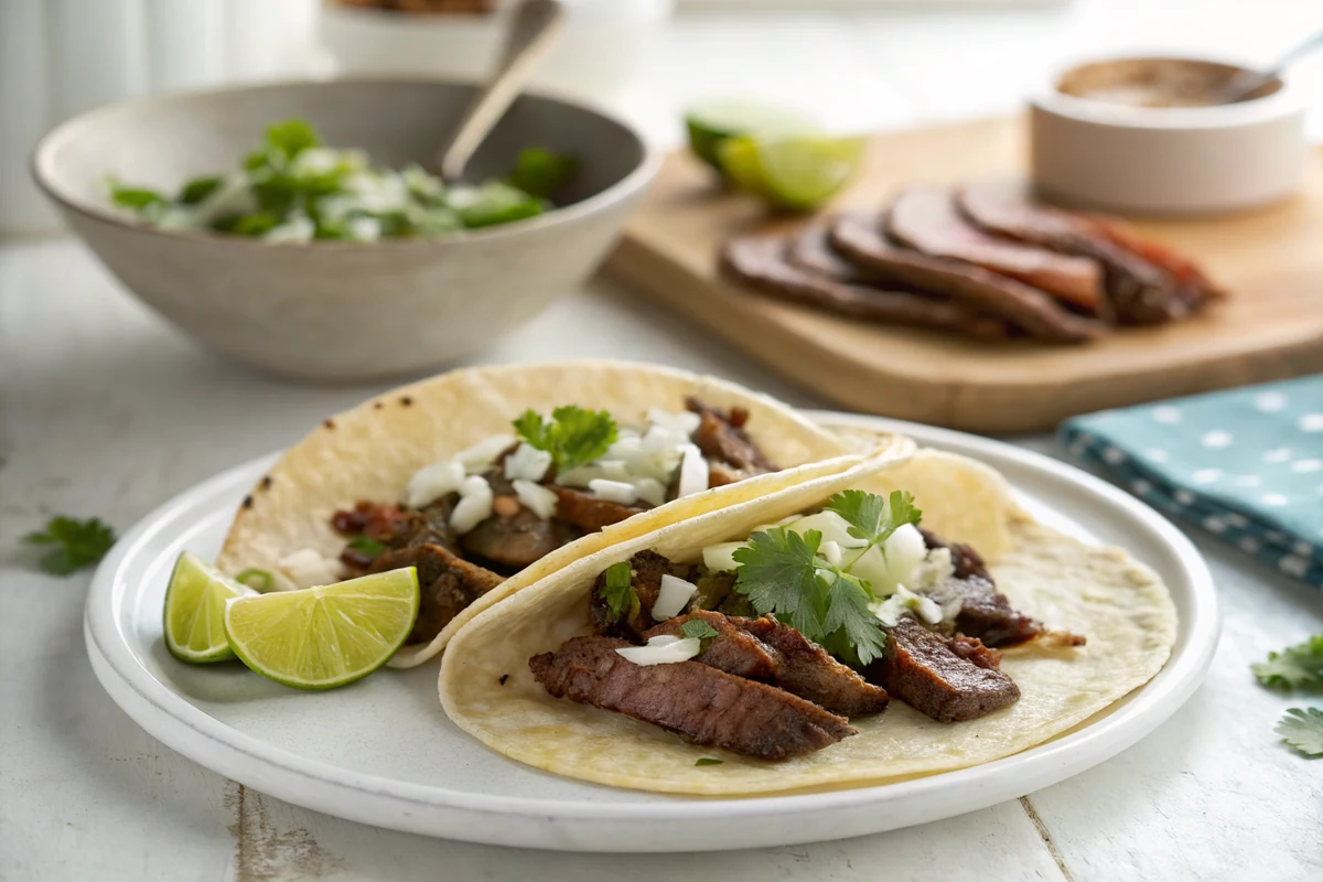 Warm tortillas filled with thin slices of medium-rare beef short rib topped with white onion, cilantro, and lime wedges on a plate