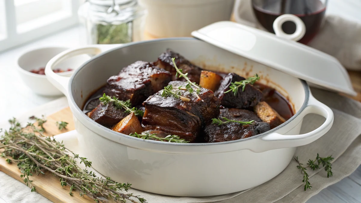 Braised beef short ribs glistening with glossy dark sauce in a white Dutch oven, meat pulling away from the bones, fresh thyme scattered on top