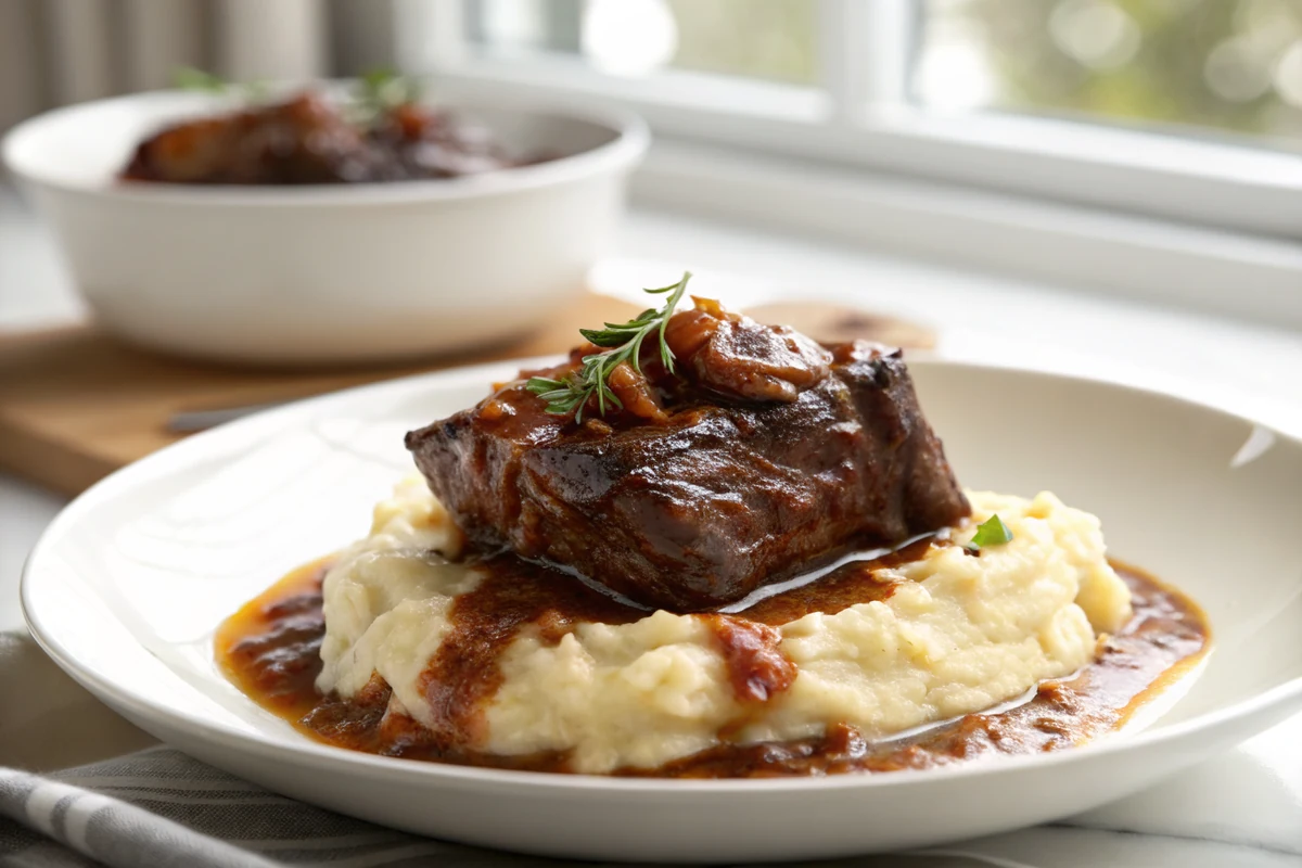 Close-up of a single braised short rib on creamy mashed potatoes with rich reduced sauce spooned over the deeply browned meat