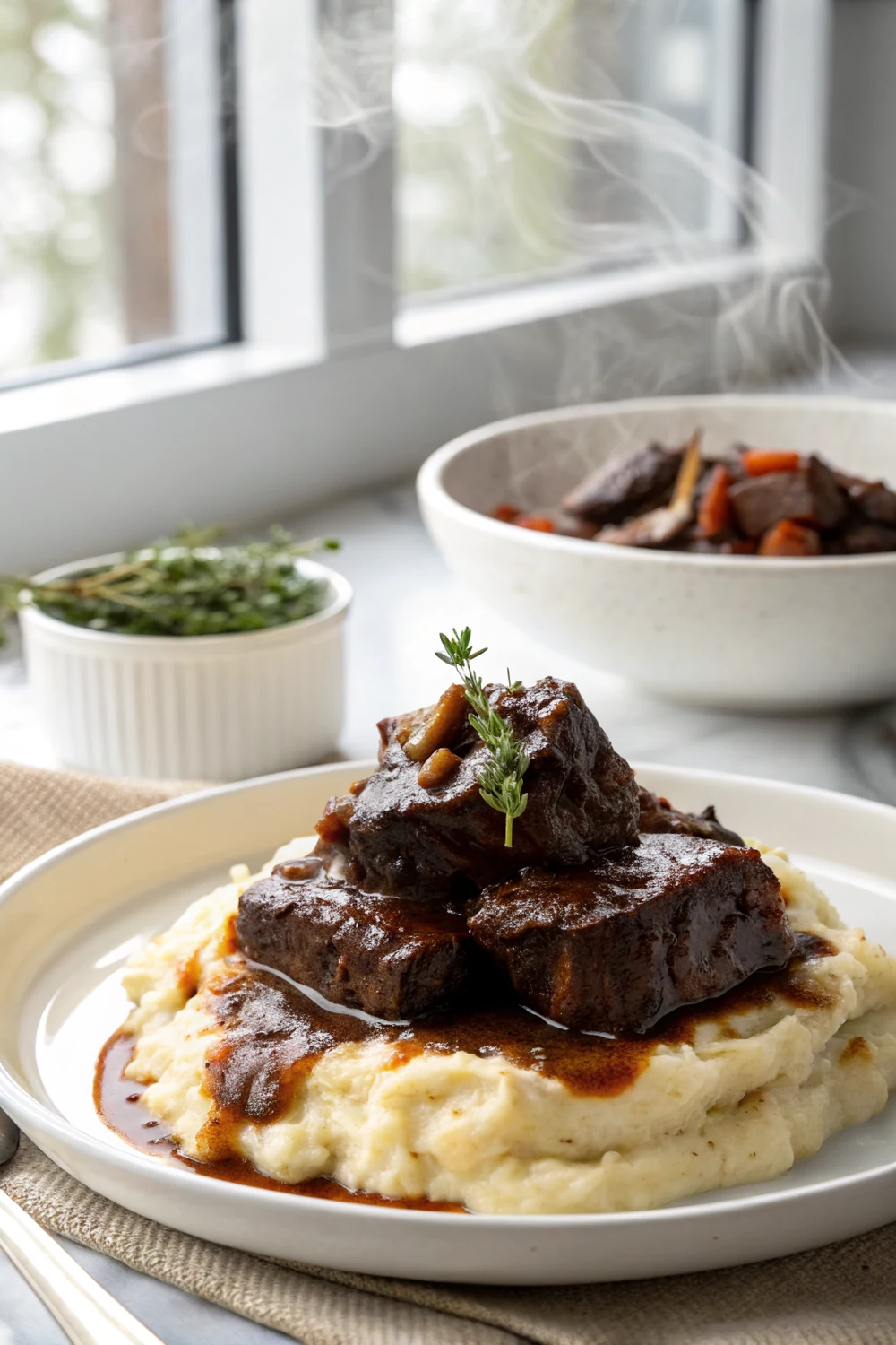 Vertical shot of fork-tender braised beef short ribs piled on mashed potatoes with dark glossy pan sauce, steam rising