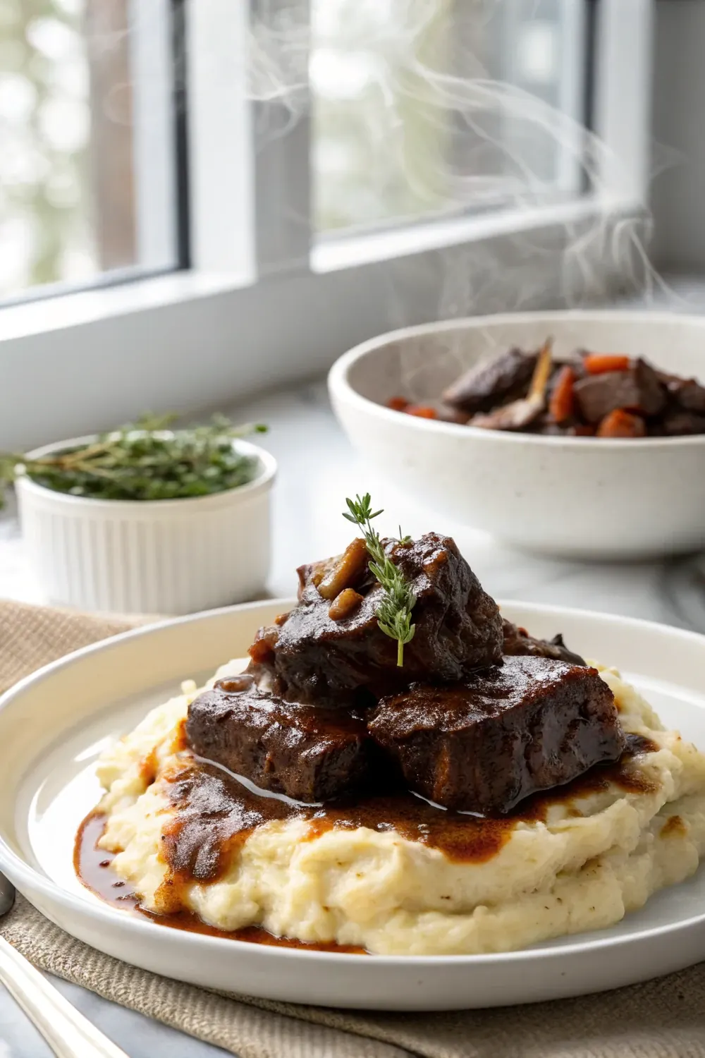 Vertical shot of fork-tender braised beef short ribs piled on mashed potatoes with dark glossy pan sauce, steam rising