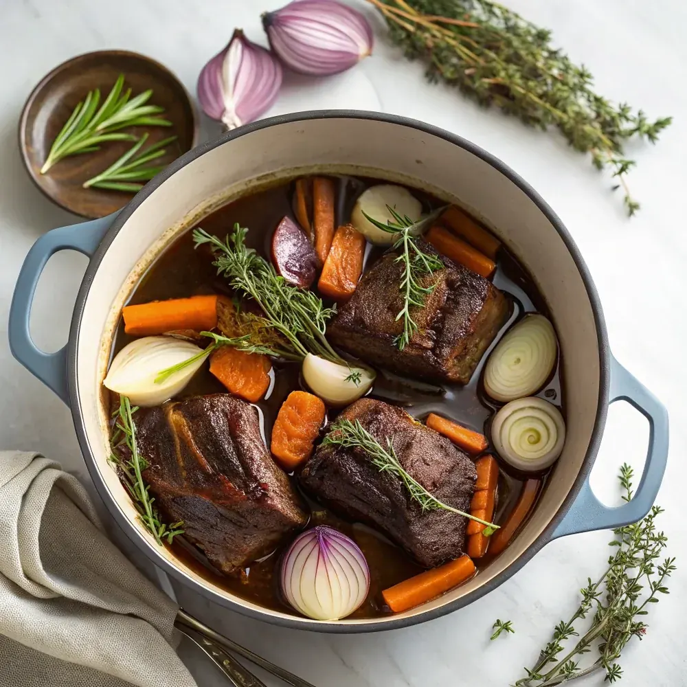 Overhead view of seared short ribs nestled among onions, carrots, and herbs in dark braising liquid inside a round Dutch oven