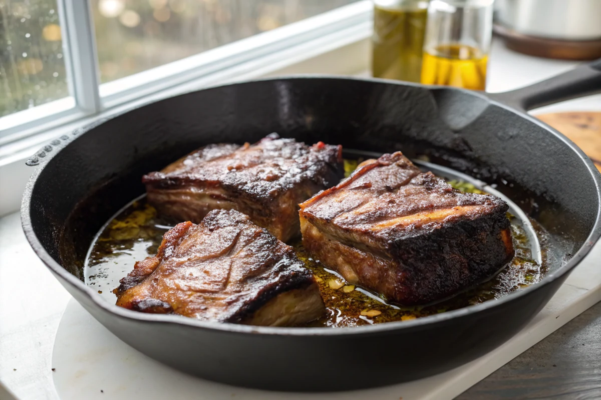Thick beef short ribs searing to a deep brown crust in a black cast iron Dutch oven, oil shimmering around the meat