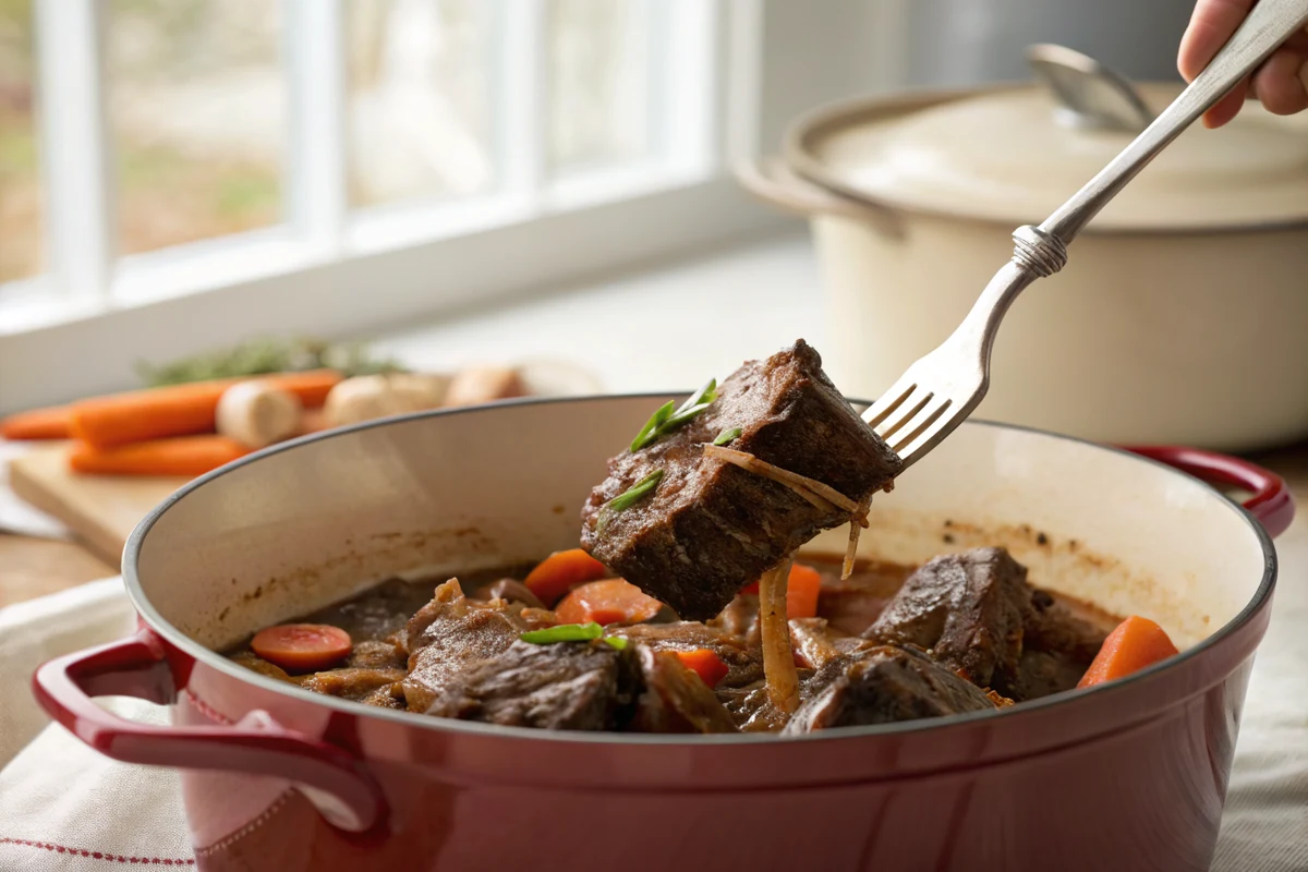 Fork testing a braised short rib in the Dutch oven, meat yielding and pulling apart in moist shreds beside softened carrots