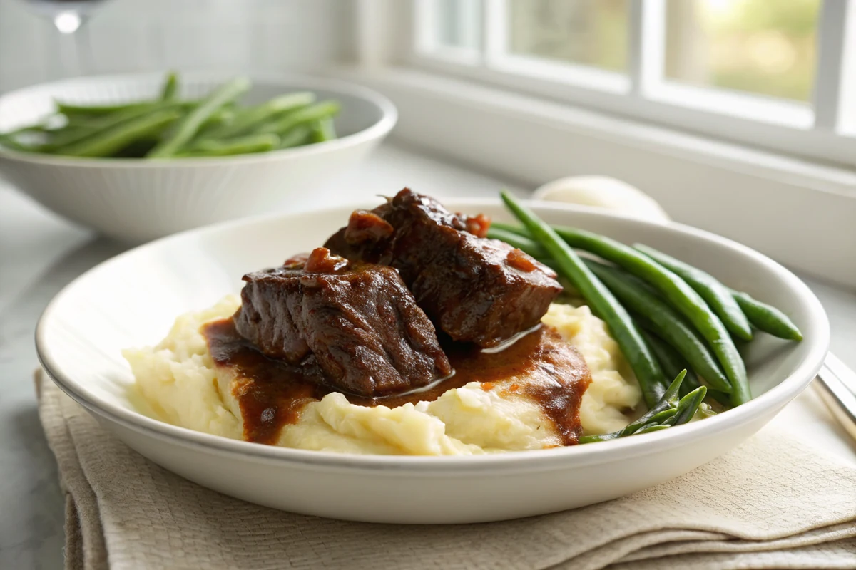 Braised beef short rib served over creamy mashed potatoes on a deep plate, glossy dark sauce pooling around bright green beans alongside