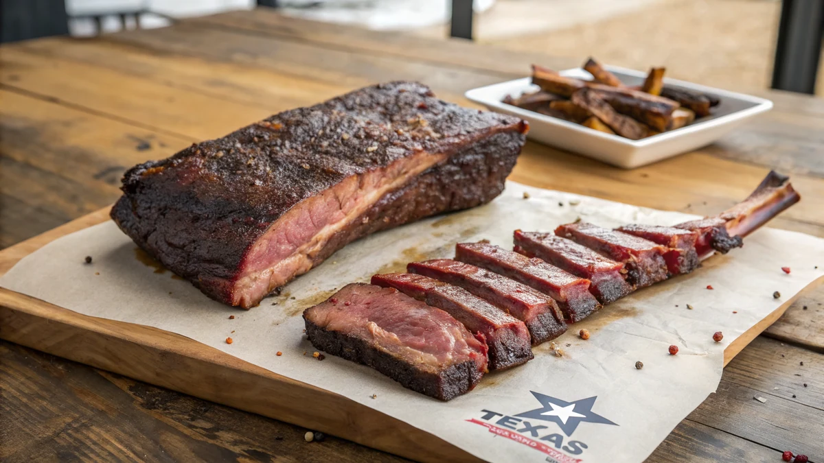 A meaty beef rib next to a rack of pork ribs on butcher paper, side by side in a Texas kitchen for comparison