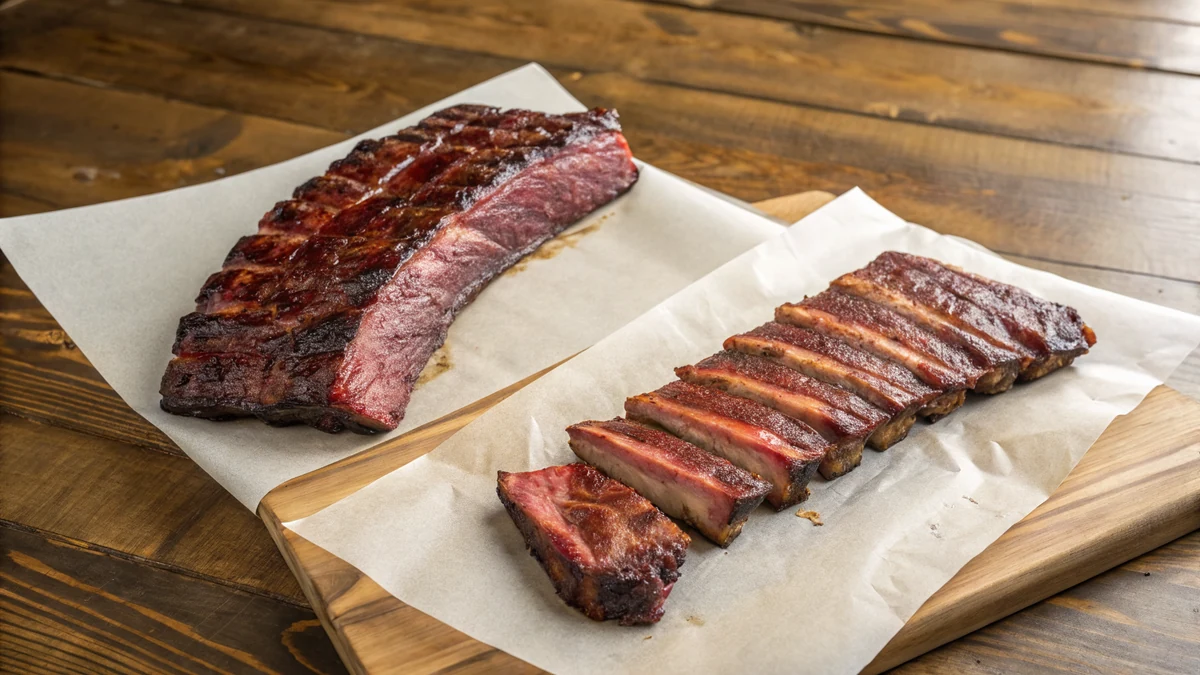A meaty beef rib next to a rack of pork ribs on butcher paper, side by side in a Texas kitchen for comparison