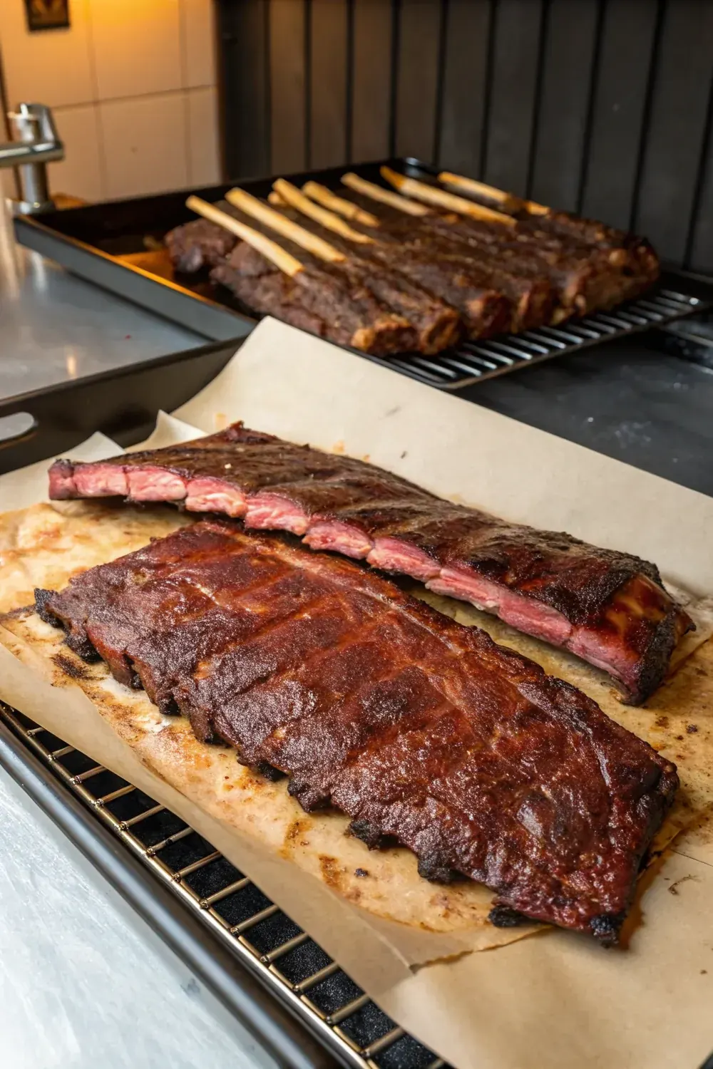 Beef ribs and pork ribs side by side comparison, styled vertically, save this beef vs pork ribs guide