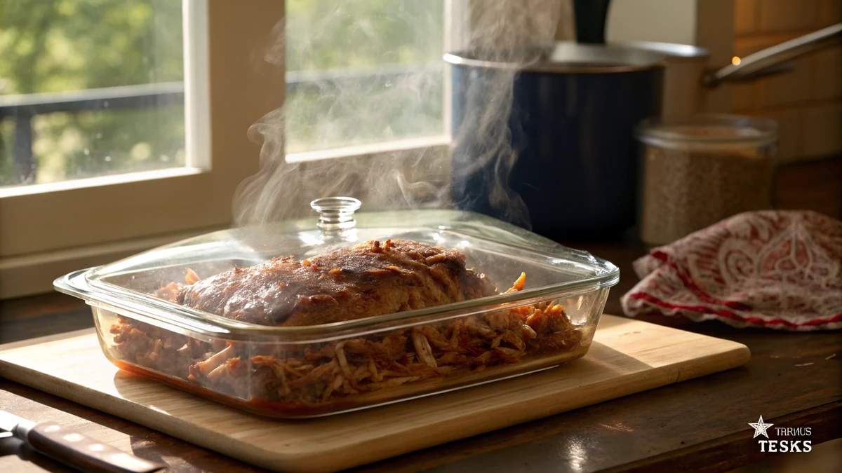 Reheated pulled pork steaming in a covered baking dish with a splash of juices in a warm Texas kitchen
