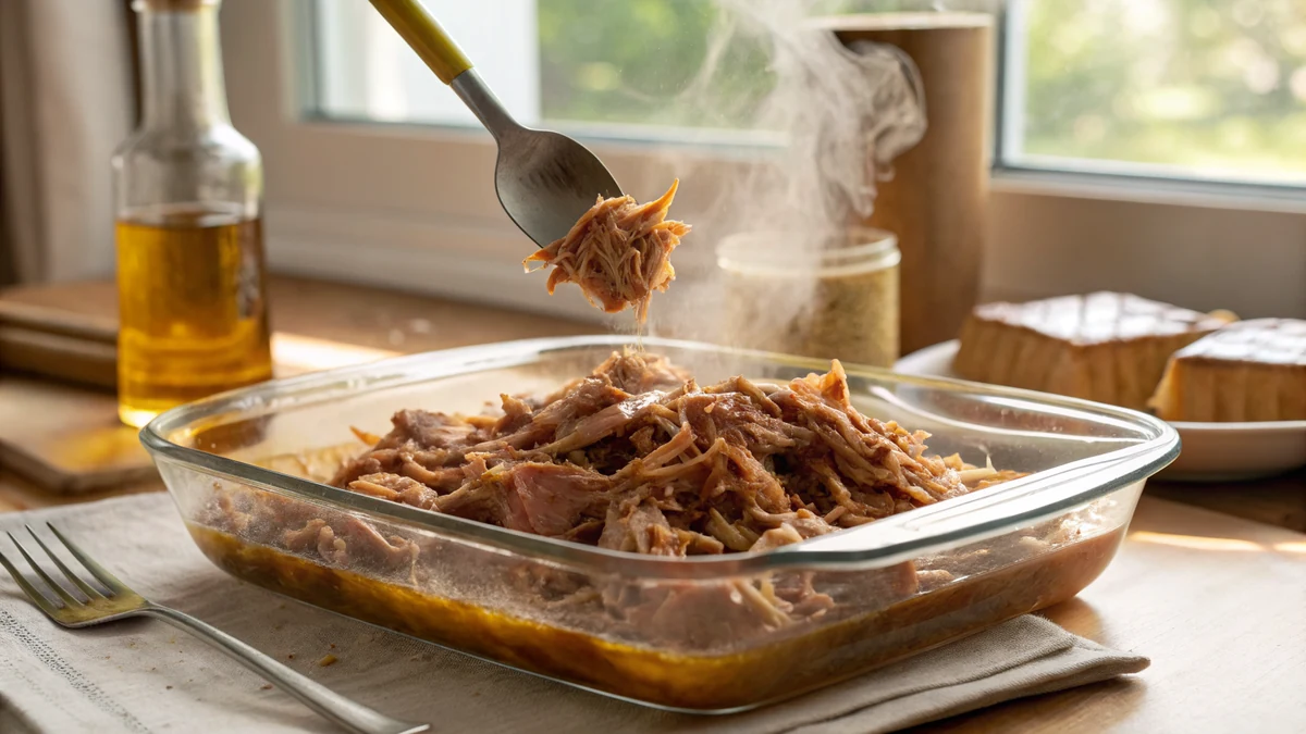Reheated pulled pork steaming in a covered baking dish with a splash of juices in a warm Texas kitchen