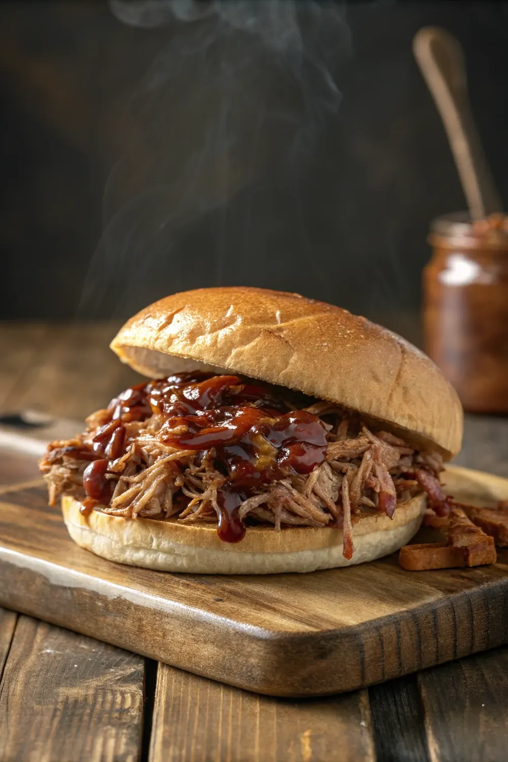 Juicy reheated pulled pork piled on a bun, styled vertically, save this guide to reheating pulled pork