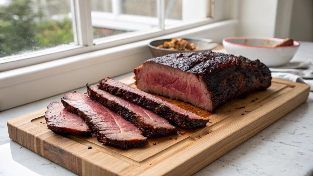 Massive smoked beef plate ribs with glistening dark mahogany bark sliced thick on a wooden cutting board, deep smoke-red meat showing beneath the crust