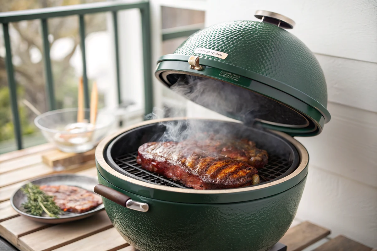 Deep green ceramic egg-shaped grill with the dome open showing a large beef rib rack smoking on the round grate, thin pale smoke rising