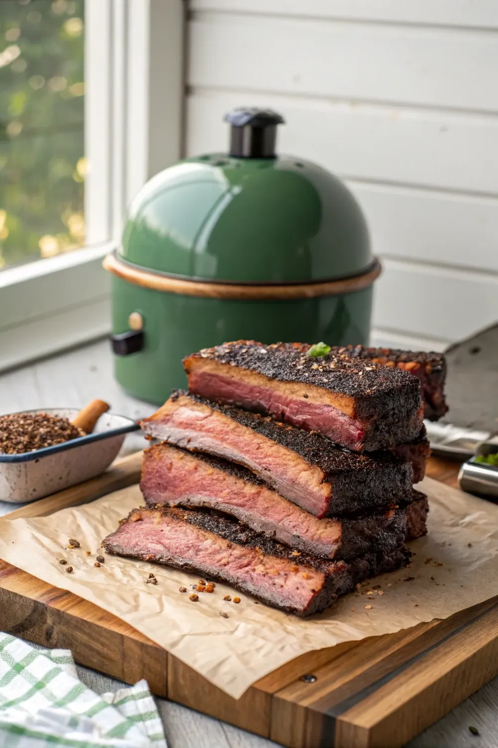 Vertical shot of thick-cut smoked beef ribs with heavy peppered bark stacked on butcher paper beside a deep green ceramic grill