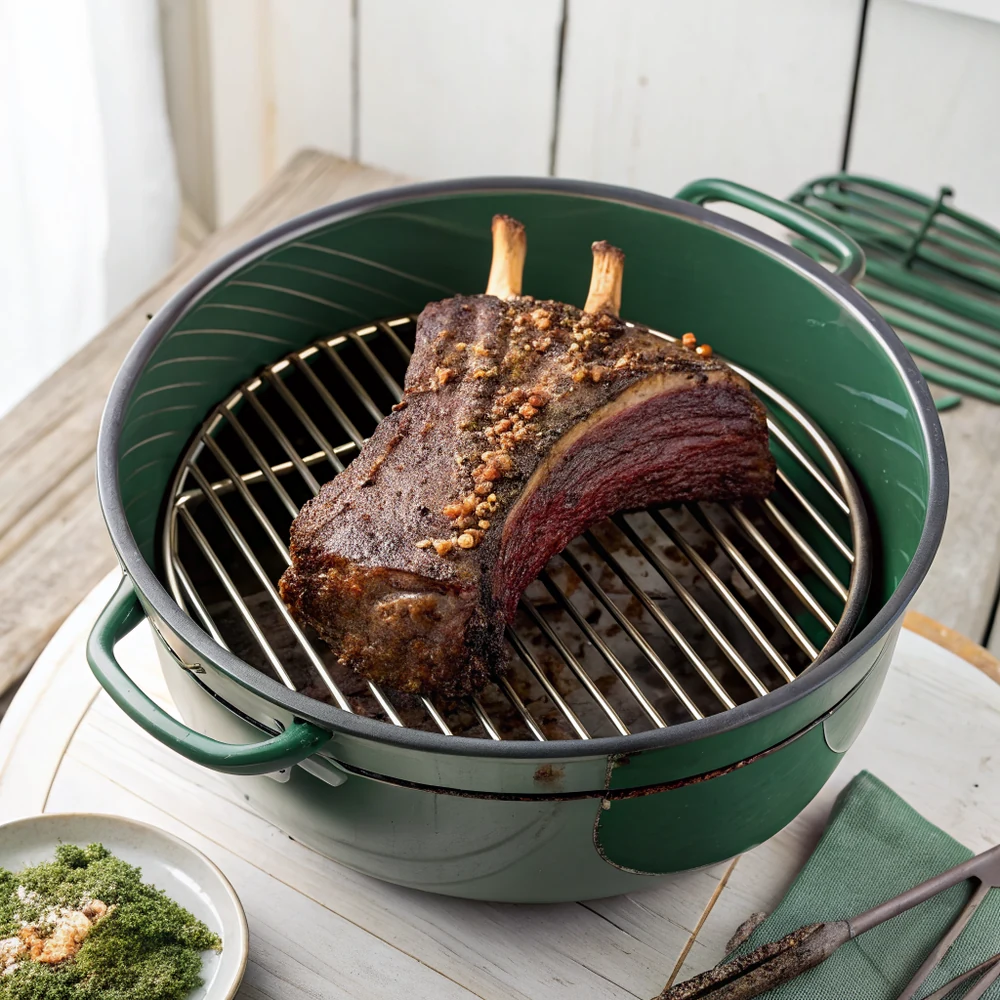 Overhead view of a peppered beef rib rack on a round grate inside a green ceramic grill, bark darkening to mahogany