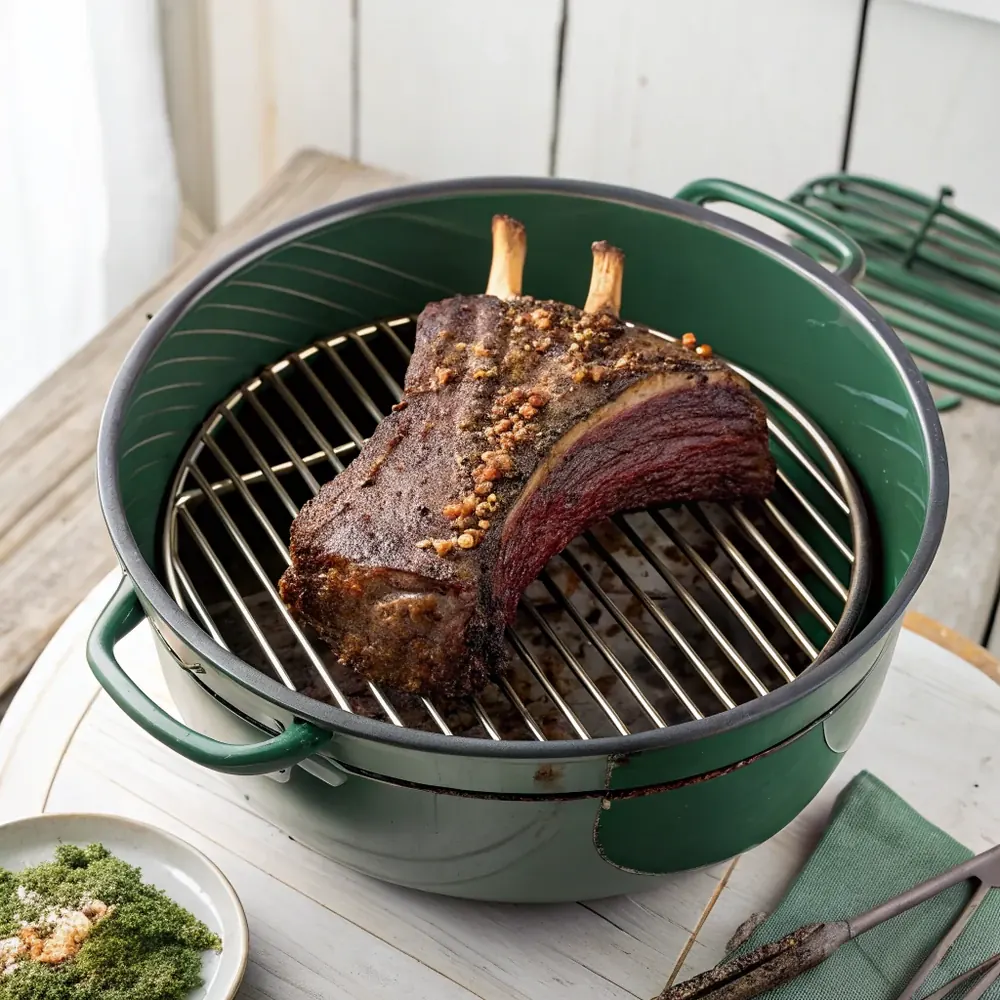 Overhead view of a peppered beef rib rack on a round grate inside a green ceramic grill, bark darkening to mahogany