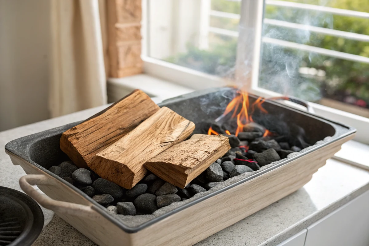 Firebox of a ceramic grill filled with natural lump charcoal, three chunks of oak smoke wood nestled into the top layer of coals
