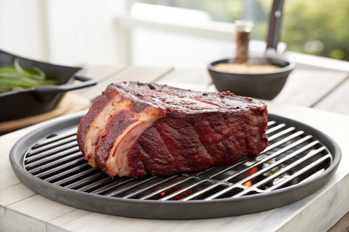 Beef rib rack with dark red-brown bark developing on the round grate of a ceramic grill, rendered fat glistening on the surface