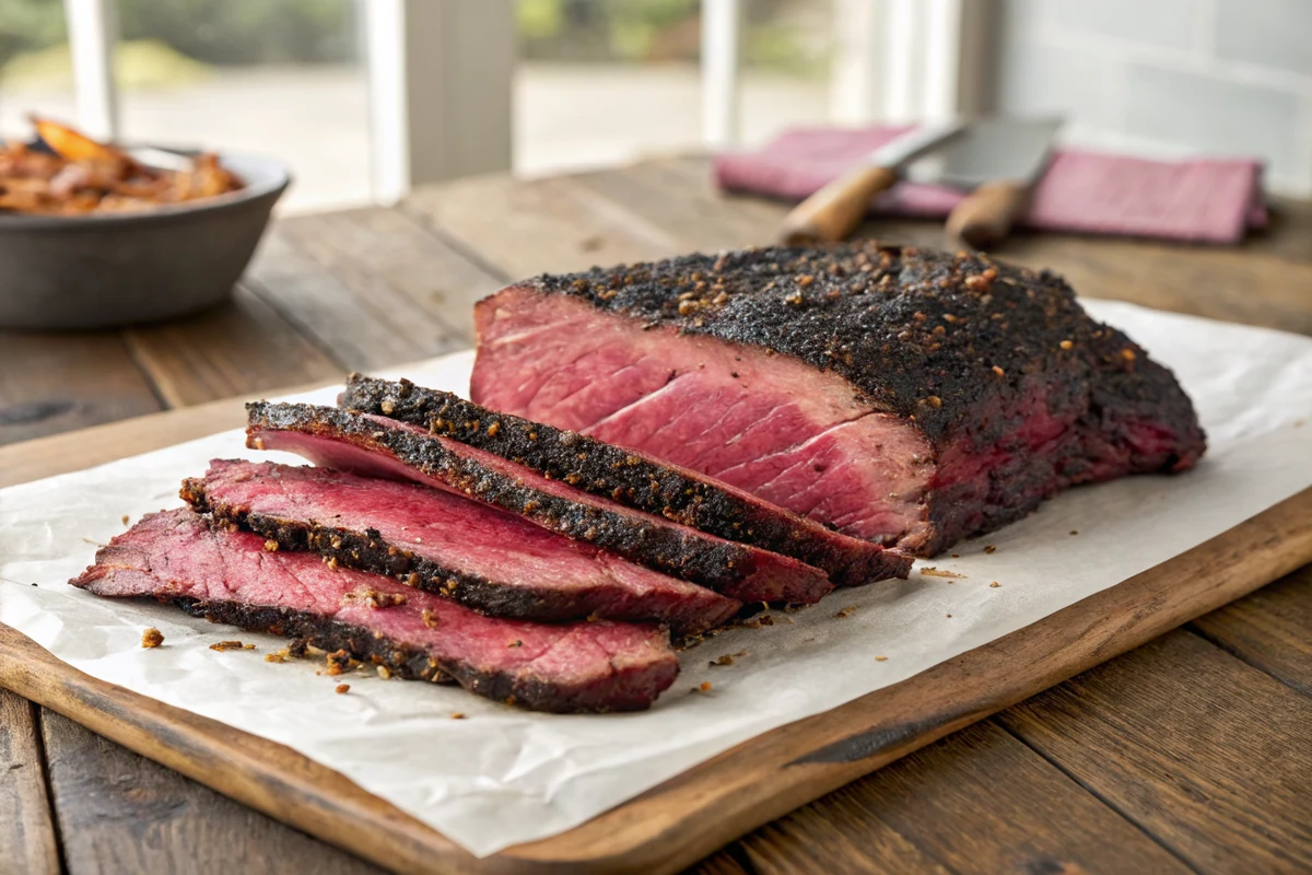Thick slices of smoked beef rib with deep red smoke-tinged meat and dark peppered crust resting on butcher paper on a wooden table