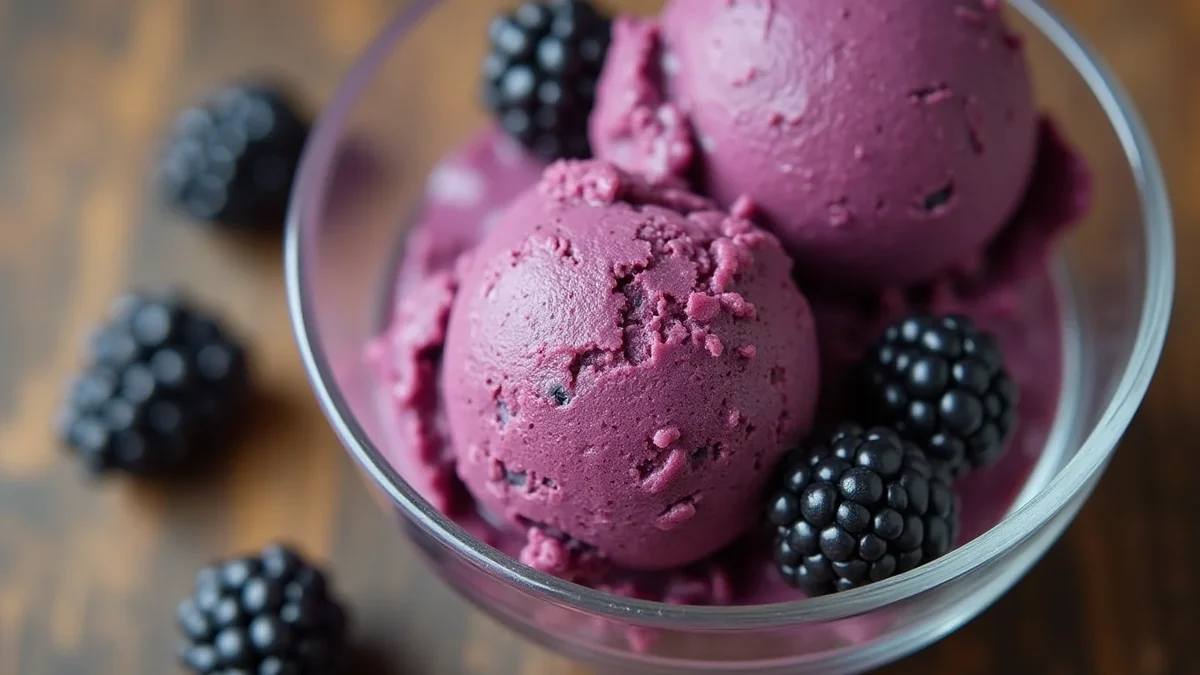 Blackberry Ice Cream recipe by Chef Mia, photographed in a natural light Texas kitchen